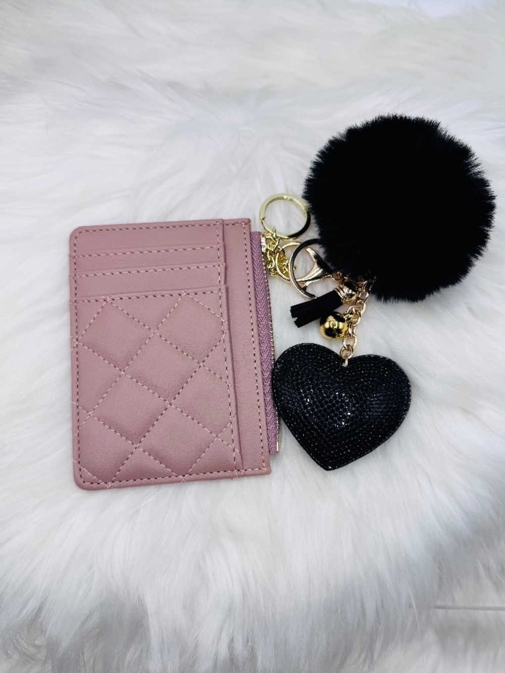 Blush Pale Pink Quilted Card Wallet w/ Pom Pom & Rhinestone Heart Keychain